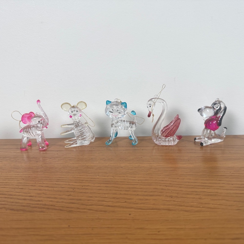 Vintage Spun Plastic Glass look Ornaments Lot of 5 Elephant Cat Swan Dog Mouse